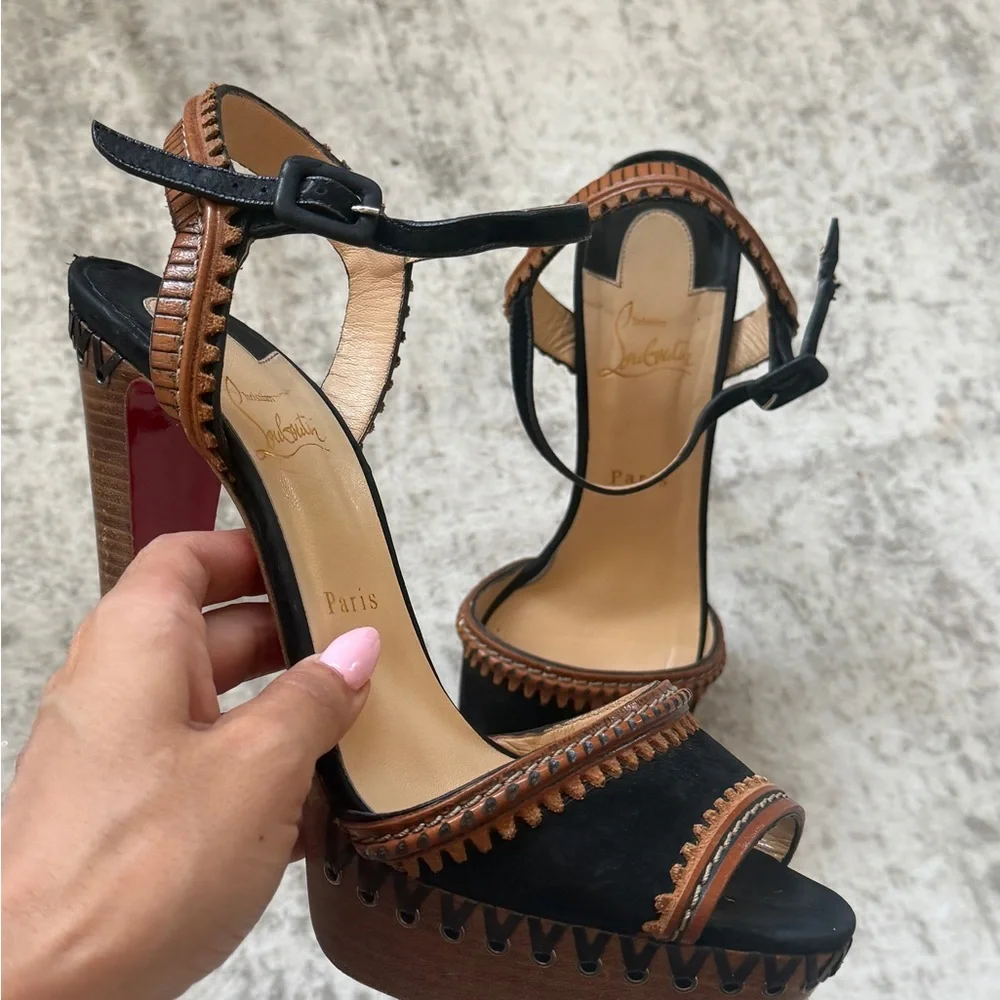 Christian Louboutin Black and Brown Leather Platform Sandals Size 41